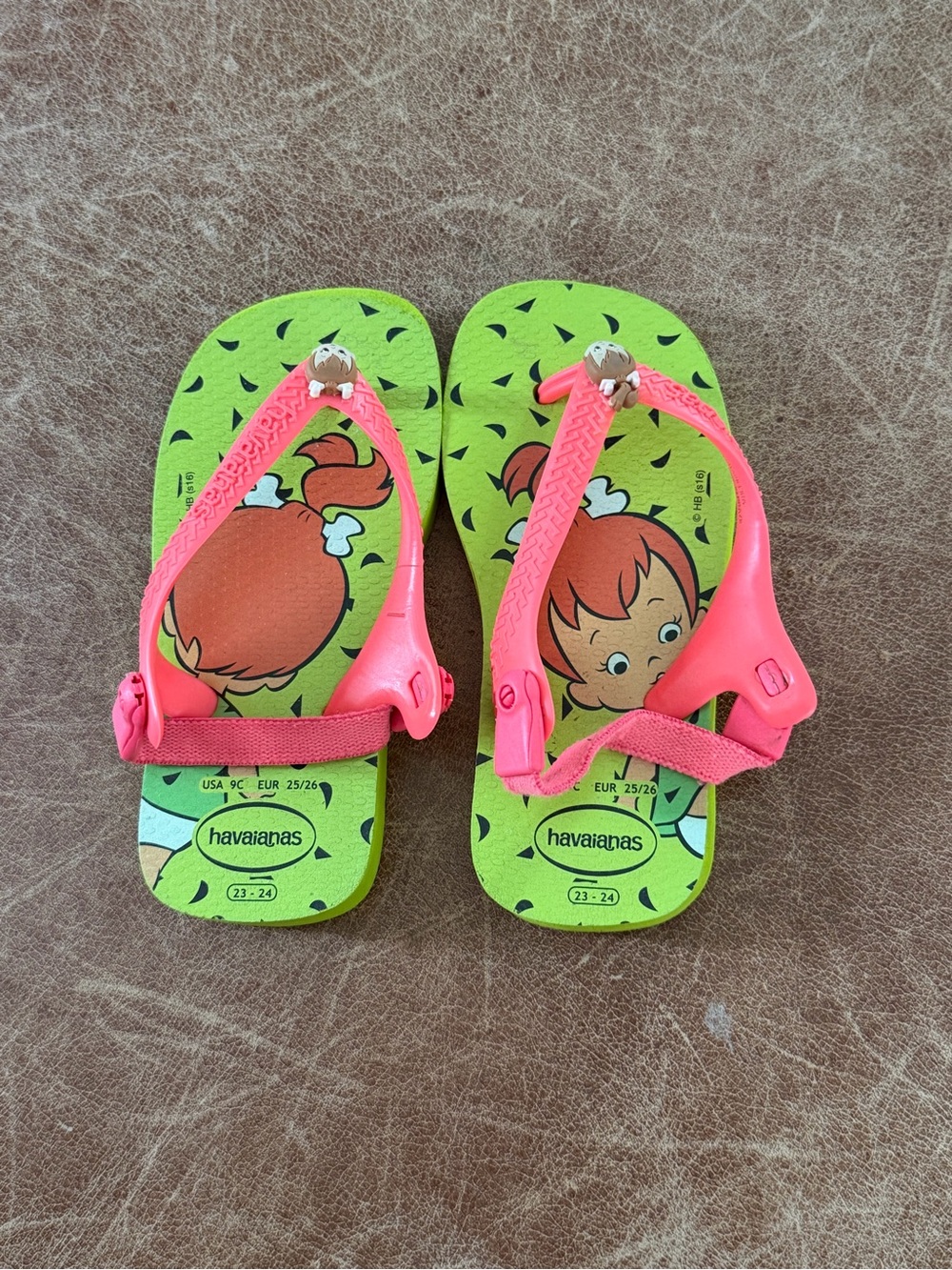 Havaianas Kids Neon Green and Coral Pink Character Flip Flops